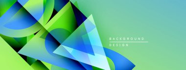 Soyut geometrik şekiller, canlı maviler, yeşiller dinamik bileşim oluşturur. Modern tasarım, temiz estetik, uygun afiş veya arkaplan.