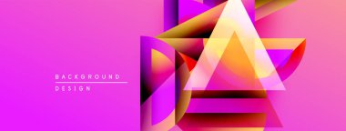 Parlak pembe arkaplan özellikleri katmanlı geometrik şekiller. Üst üste binen üçgenler dinamik görsel efekt yaratır. Metin arkaplan tasarımı okur.