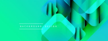 Soyut, enerjik bir arkaplan. Üst üste binen yuvarlak kareler dinamik görsel efekt yaratır. Turkuaz, deniz mavisi, mavi renkler baskın bileşim. Modern tasarım ögesi.