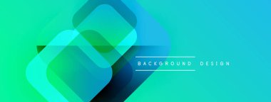 Soyut gradyan şekiller çakışıyor, dinamik görsel etki yaratıyor. Teal, turkuaz renkler kompozisyona hakim. Minimalist tasarım unsurları.