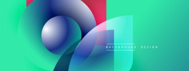 Soyut canlı tasarım, üst üste binen daireler, kareler. Gradyan renkler dinamik görsel efekt yaratır. Metin arkaplan tasarımı okur.