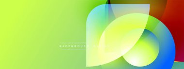 Parlak soyut bir arka plan. Üst üste binen renkli şekiller dinamik görsel efekt yaratır. Gradyan geçişler, düz eğriler, modern tasarım elementleri.