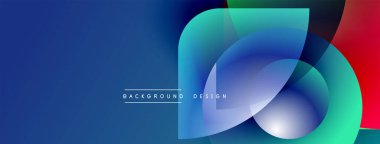 Soyut geometrik şekiller örtüşüyor, canlı renk eğimleri yaratıyor. Mavi sol tarafa hükmediyor, kırmızı sağ tarafa geçiyor. Metin arkaplan tasarımı okur.