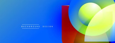 Soyut enerjik tasarım. Mavi eğimli arka plan, üst üste binen geometrik şekiller, kırmızı dikdörtgen, yeşil daire, sarı kare. Modern estetik.
