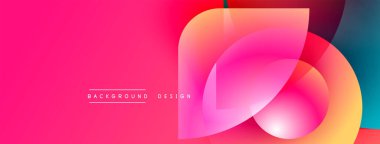 Parlak pembe arkaplan özellikleri üst üste binen renkli şekiller. Gradyan renkler modern soyut tasarım yaratır. Metin arkaplan tasarımı okur.