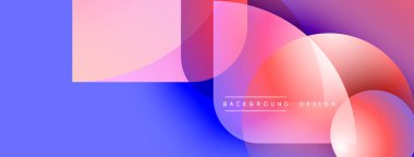 Soyut geometrik şekiller örtüşüyor, canlı renk eğimleri yaratıyor. Mavi, pembe, mor renkler kompozisyona hakim. Modern tasarım ögesi.