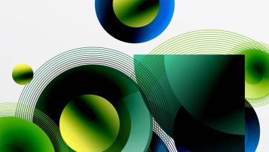 Üst üste binen daireler, çizgiler, kareler içeren soyut bir kompozisyon. Renk yeşili, mavi, siyah dinamik görsel efekt. Modern tasarım.