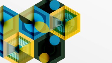 Soyut altıgenler çakışıyor, dinamik görsel etki yaratıyor. Sarı, maviler kompozisyona hakim. Daireler derinlik ve doku ekler. Modern tasarım.