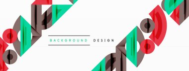 Soyut geometrik şekiller tekrar eder. Kırmızı, yeşil, kahverengi renkler beyaz alana hakim. Metin elementli minimalist tasarım.