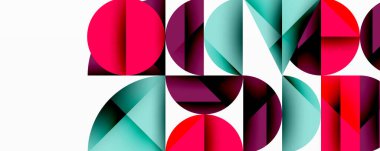 Soyut geometrik şekiller, canlı renkler, modern tasarım. Kompozisyonda üst üste binen yarı daireler, üçgenler, dikdörtgenler var. Minimalist estetik, temiz çizgiler..