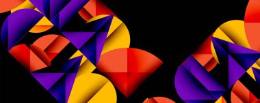 Soyut geometrik şekiller, canlı renkler, dinamik bileşim. Kalın kırmızılar, morlar, sarılar çarpıcı bir görsel etki yaratır. Modern tasarım.