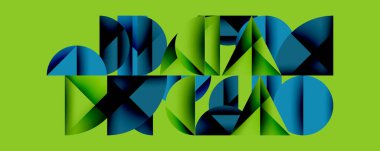 Soyut geometrik şekiller örtüşür, dinamik bileşim yaratır. Mavi renkler, canlı yeşil arkaplan. Modern tasarım elemanları.