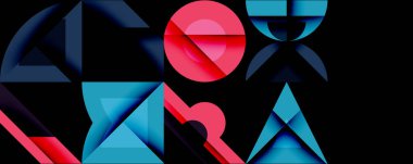 Soyut geometrik şekiller, canlı renkler, modern tasarım. Kompozisyonda üst üste binen üçgenler, daireler, dikdörtgenler var. Koyu arkaplan görsel etkiyi arttırır.