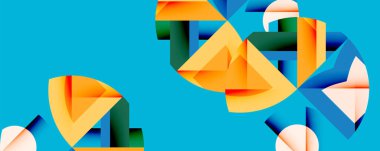 Soyut geometrik şekiller örtüşür, dinamik bileşim yaratır. Turkuaz arka planda parlak turuncu, mavi, yeşil renkler hakim. Modern tasarım.