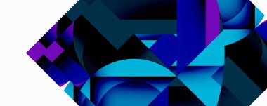 Soyut geometrik bileşim. Mavi, mor gölgeler baskın. Şekiller çakışıyor, dinamik görsel etki yaratıyor. Modern tasarım.