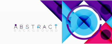 Canlı soyut arka plan geometrik şekiller, daireler, üçgenler, mor, mavi, pembe renkler içerir. Modern tasarım ögesi.