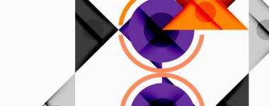 Soyut geometrik bileşim. Şekiller çakışıyor, dinamik görsel etki yaratıyor. Renkler arasında mor, turuncu, gri, beyaz var. Modern tasarım.
