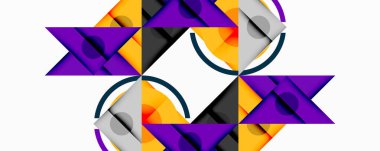 Soyut geometrik desen. Mor, turuncu, gri şekiller simetrik tasarım yaratır. Minimalist kompozisyon, temiz çizgiler, modern estetik..