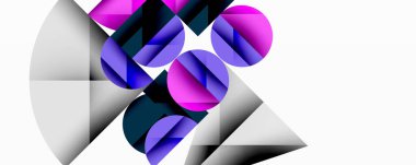 Soyut geometrik bileşim. Daireler, üçgenler üst üste binerek dinamik görsel efekt yaratır. Mor, gri tonlar dizaynın hakimi. Minimalist stil.