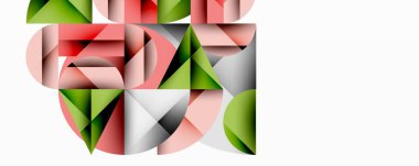 Soyut geometrik bileşim. Şekiller örtüşüyor, karmaşık görsel doku oluşturuyor. Renkler kırmızı, yeşil, gri, pembe. Minimalist tasarım.