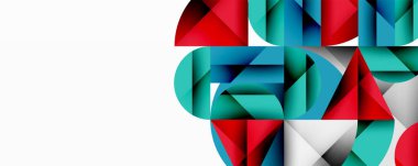 Soyut geometrik şekiller, kırmızı, mavi, deniz mavisi renkler. Modern tasarım, temiz çizgiler, minimalist estetik. Kompozisyon sağ tarafa odaklanır.