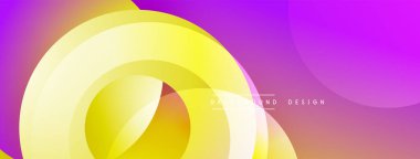 Soyut tasarım özellikleri üst üste binen sarı daireler, mor gradyan fon. Modern, dinamik kompozisyon görsel ilgi yaratıyor.