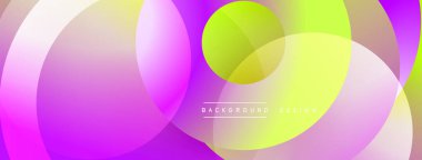 Soyut, enerjik çemberler çakışıyor, renkli gradyanlar yaratıyor. Pembe, mor, sarı renkler tasarımda baskın. Modern arkaplan dokusu.