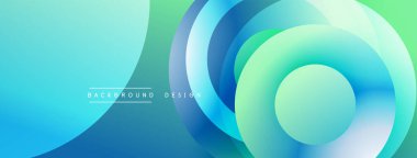 Soyut daireler örtüşüyor, parlak mavi, yeşil gradyanlar yaratıyor. Modern tasarım akıcılık, hareket, derinlik öneriyor. Arkaplanda metin ögeleri.