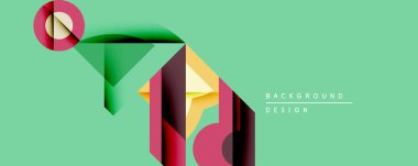 Soyut geometrik tasarım üst üste binen şekiller, canlı renkler içerir. Kompozisyonda daireler, üçgenler, nane yeşili arkaplanda dikdörtgenler var. Modern estetik.