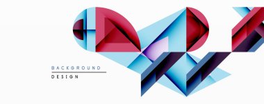 Soyut geometrik tasarım canlı çokgen şekiller içerir. Kırmızı, mavi, mor renkler dinamik kompozisyon oluşturur. Modern biçim, temiz satırlar, uygun arkaplan ögesi.