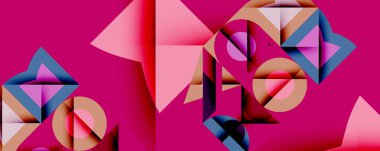 Soyut geometrik bileşim. Pembe arka plan, üst üste binen şekil açıları, kareler, daireler. Sıcak, serin tonlar görsel ilgi yaratıyor. Modern tasarım elemanları.