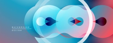 Soyut tasarım özellikleri üst üste binen daireler, gradyanlar. Mavi, pembe renkler modern görsel efektler yaratır. Yumuşak geçişler kompozisyona hakim..