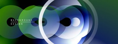 Soyut akışkan şekiller, gradyanlar, daireler modern tasarım yaratır. Mavi, yeşil renkler kompozisyona hakim. Minimalist estetik.
