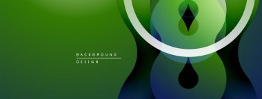Soyut yeşil tasarım, üst üste binen daireler, çizgiler. Gradyan gölgeler derinlik yaratır, modern estetik. Minimalist kompozisyon.