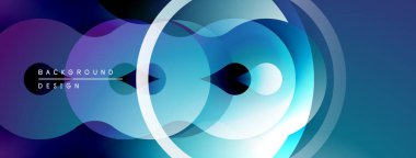 Soyut sıvı şekilleri, üst üste binen daireler. Gradyan blues, morlar dinamik arka plan tasarımı yaratır. Modern estetik.