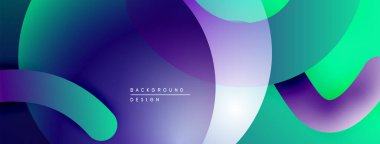 Soyut sıvı şekilleri örtüşür, canlı gradyanlar yaratır. Mor, deniz mavisi, mavi renkler dizaynda baskın. Modern, dinamik kompozisyon.