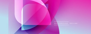 Soyut geometrik bileşim. Üst üste binen şekiller canlı gradyanlar, pembeler, morlar, maviler yaratır. Arka planlar için modern tasarım ögesi.