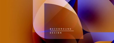 Soyut geometrik şekiller örtüşüyor, canlı renk eğimleri yaratıyor. Tasarım turuncu, mavi ve mor renklere sahiptir. Modern estetik.