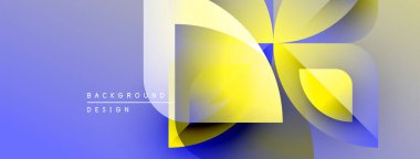 Soyut geometrik tasarım. Parlak sarı şekiller mavi renkle örtüşüyor. Modern, dinamik kompozisyon. Minimalist stil.