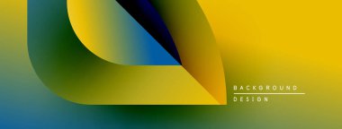 Soyut gradyanlar harmanlanır ve dinamik şekiller yaratır. Sarı, yeşil, mavi renkler kompozisyona hakim. Minimalist tasarım modern estetiği öneriyor.