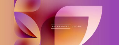 Soyut geometrik şekiller örtüşür, canlı gradyanlar yaratır. Turuncu, pembe, mor renkler tasarımda baskın. Mevcut en küçük metin.
