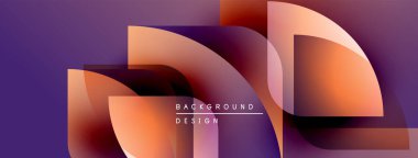 Soyut geometrik şekiller örtüşür, canlı gradyanlar yaratır. Mor arka plan turuncu, kırmızı renkleri tamamlar. Modern tasarım ögesi.
