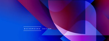 Soyut geometrik şekiller örtüşür, parlak mavi ve mor renkler yaratır. Modern tasarım elementleri dinamik görsel deneyim önerir.