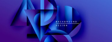 Soyut geometrik şekiller, canlı mavi renkler, modern tasarım. Dinamik bileşim derinlik yaratır, görsel ilgi. Arkaplanda metin ögeleri.