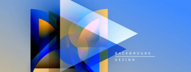 Soyut geometrik şekiller örtüşüyor, dinamik mavi, turuncu bileşim oluşturuyor. Modern tasarım elementleri yenilik ve teknoloji öneriyor.