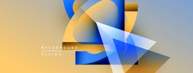 Soyut geometrik tasarım. Mavi, altın, beyaz şekiller kesişir. Bej renginden griye geçiş. Minimalist tarz, modern estetik.