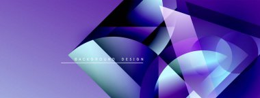 Soyut geometrik şekiller, mor renkler baskın gelir. Gradyan etkileri olan modern tasarım, dinamik kompozisyon. Pürüzsüz geçişler görsel ilgi yaratır.