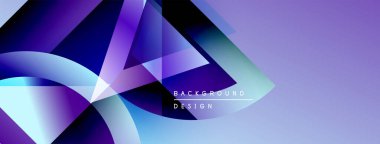 Soyut şekiller örtüşüyor, parlak mavi ve mor renkler yaratıyor. Modern tasarım teknoloji, yenilik, dinamik hareket öneriyor. Arkaplanda metin ögeleri.