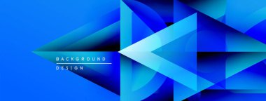 Soyut mavi geometrik şekiller dinamik arkaplan yaratır. Renkler derinliği, modern tasarım elementlerini gösteriyor.