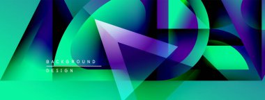 Soyut geometrik şekiller örtüşür, canlı gradyanlar yaratır. Turkuaz, mor, yeşil renkler tasarımda baskın. Modern estetik.